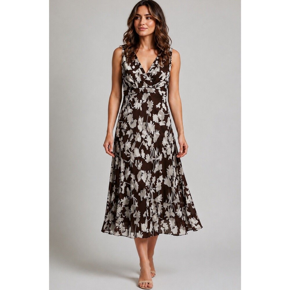 Ann Taylor 100% Silk Dress Size 10 Dark Brown White Floral Braided Strap Midi
